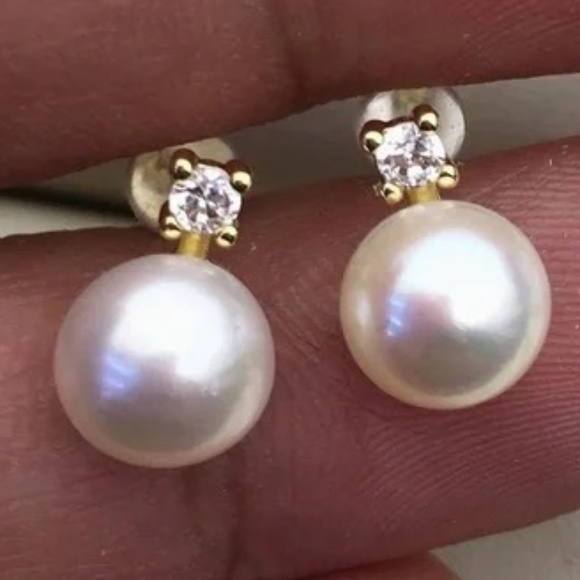 8mm White Cultured Pearl Stud Earrings - 14K Yellow Gold Plate - CZ Accents - Picture 1 of 8